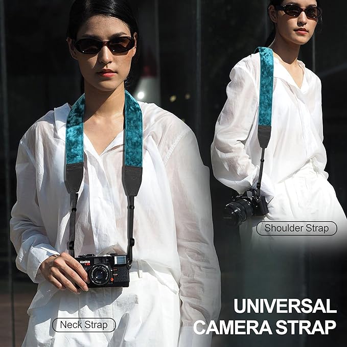 Padwa Lifestyle Peacock Blue Velvet Camera Strap - 2" Double Layer Full Grain Cowhide Leather Head Camera Straps for Photographers,Unique Soft Velvet Fabric with Quick Release fits all Cameras