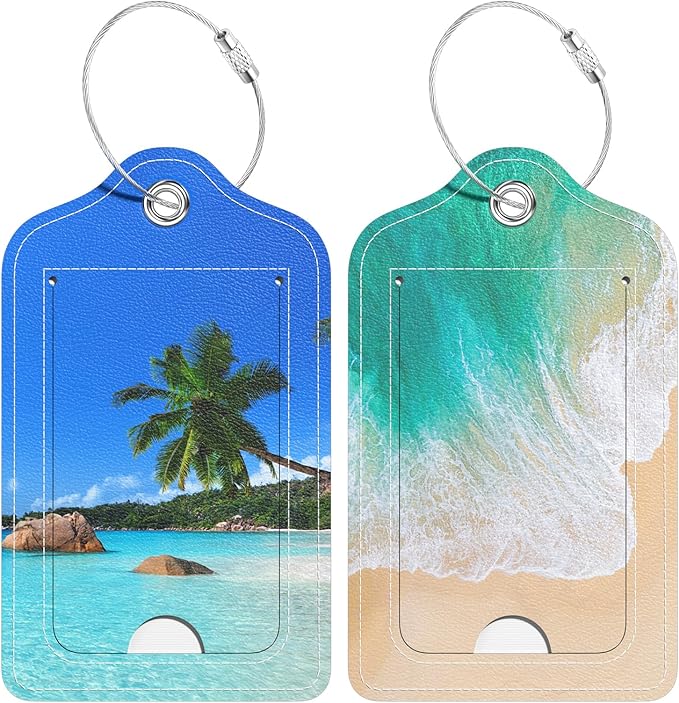 2 Pack PU Leather Luggage Tags for Suitcase, Travel Cruise Luggage Tag with Privacy Flap, Name ID Label and Metal Loop for Women Men Baggage Handbag School Bag Backpack, Beach