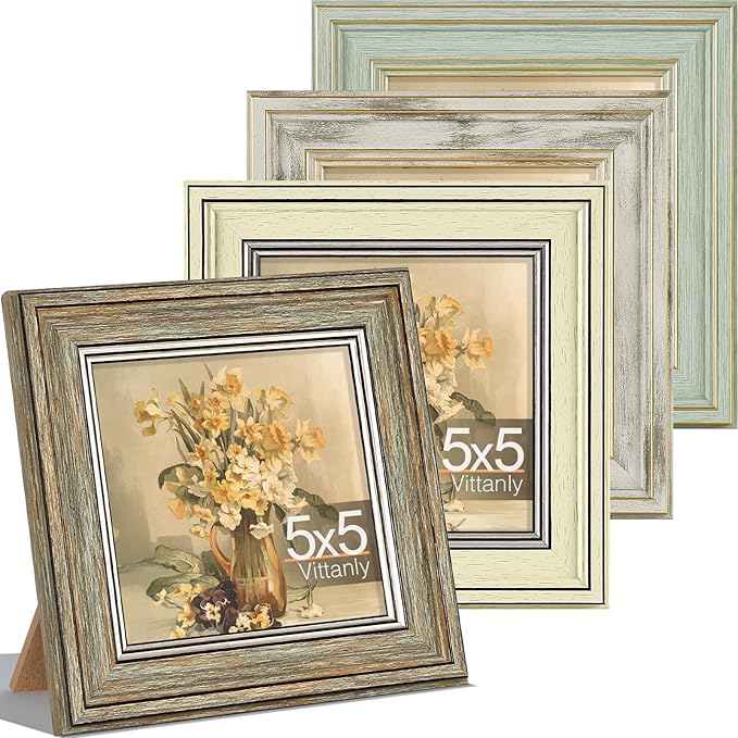 Vittanly 5x5 Picture Frame Set of 4, Vintage Photo Frame for Wall or Tabletop, Display 5x5 Pictures, Rustic Farmhouse Home Decor, Multicolour