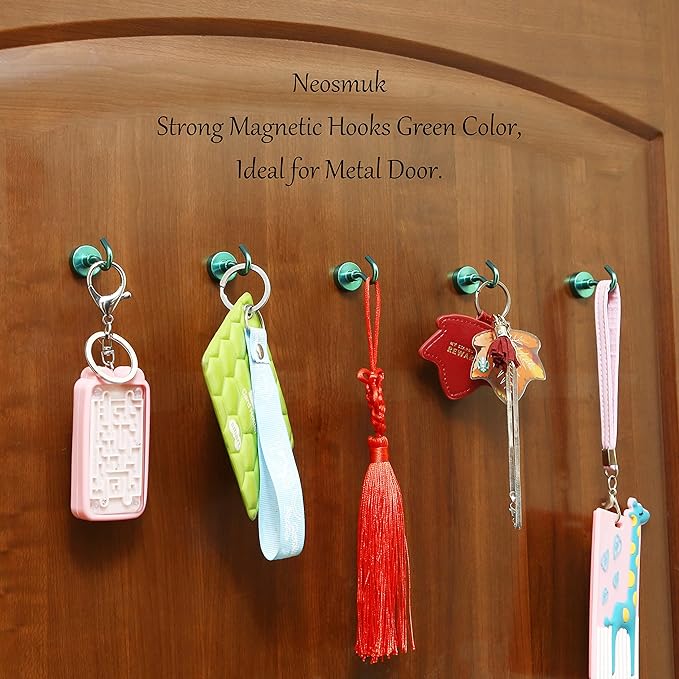 Neosmuk Magnetic Hooks, Cruise Ship Essentials, 30lb+ Heavy Duty Magnetic Hooks for Cruise Cabins, Refrigerator, Grill, Hanging, and Travel | Extra Strong Must-Haves Magnet Hook,Green,5 Pack