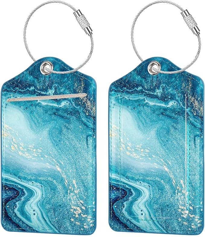 (Set of 2) Luggage Tag Leather Privacy Cover ID Label Address Card with Stainless Steel Loop, Travel Bag Tags Suitcase Labels, Flowing Blue