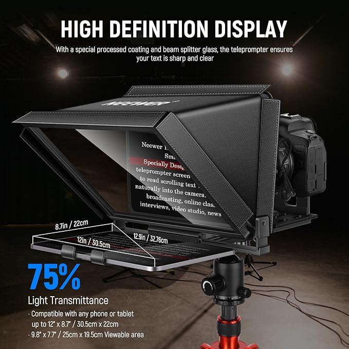 NEEWER X12 14" Aluminum Alloy Teleprompter Compatible with iPhone iPad DSLR Cameras Phone Tablet with Remote Control Carry Case Cleaning Cloth, APP Control for iOS/Android Online Teaching/Streaming