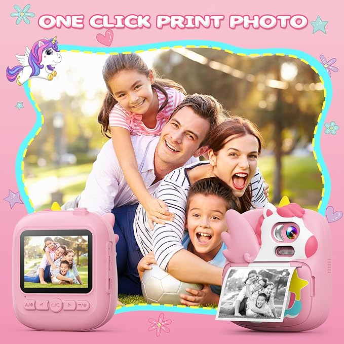 Kids Camera Instant Print, 12MP & 1080P Instant Camera for Kids with 32G Card & Print Paper, Selfie Digital Video for Toddler,Christmas Birthday Gifts for Girls Boy Age 3-12 (Pink)