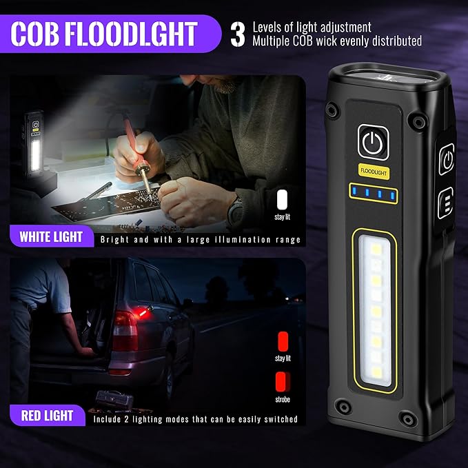 Flashlight UV Light 395nm, Blacklight EDC Flashlights Mini LED high Lumen USB -C Rechargeable Portable with Magnetic Base, COB White & Red Light, Output Emergency Power, for Pet Urine, Resin Curing