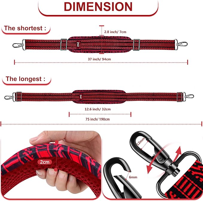 ZINZ 75" Shoulder Strap with Fixed Pad and Dual Balanced Buckles，Black Red Jacquard