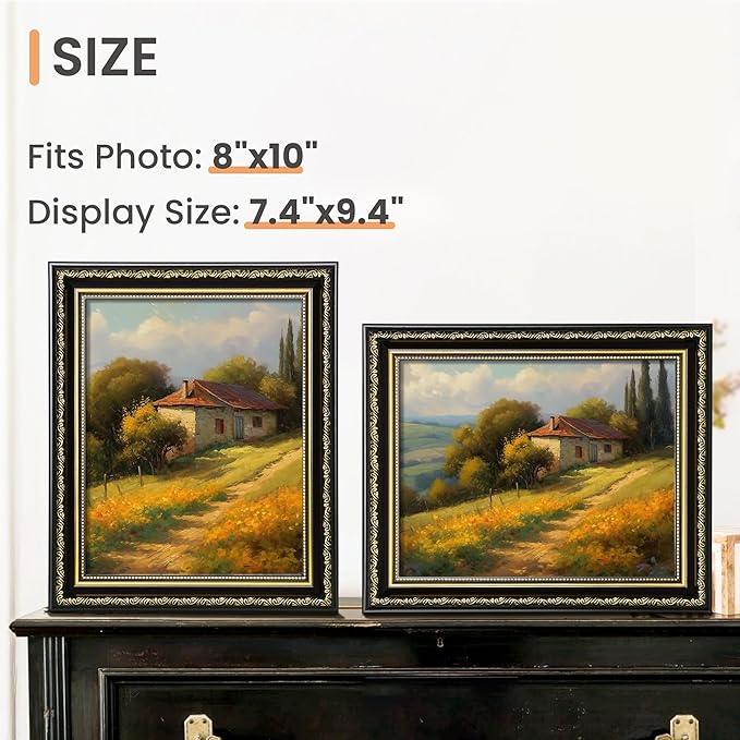 upsimples 8x10 Picture Frame with Real Glass, Ornate Vintage 8 x 10 Photo Frames for Wall Decor or Tabletop Display, Black and Gold, 2 Pack
