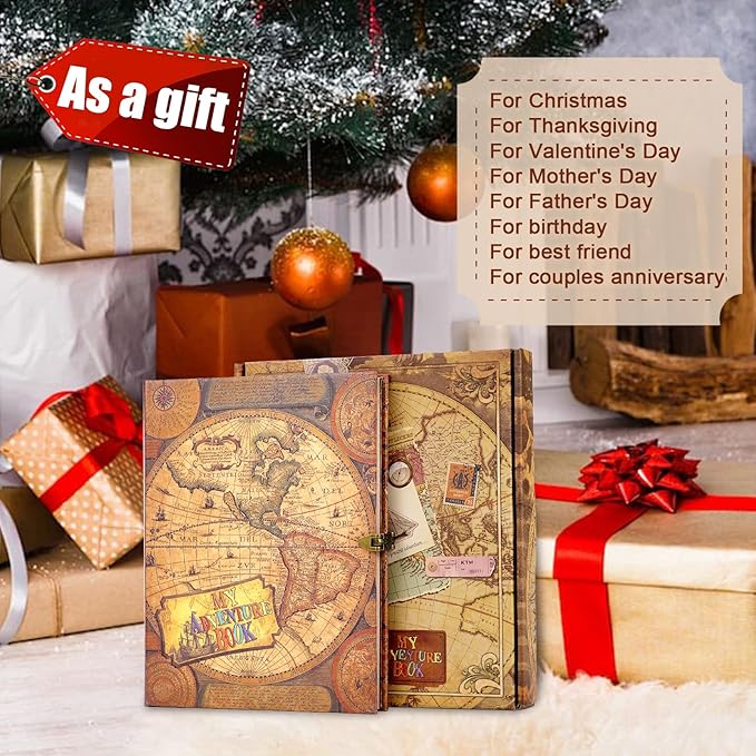 My Adventure Book Scrapbook 124 Pages Retro Style Embossed Photo Album,DIY Handmade Memory Travel Diary Photo Scrapbook for Couples,Anniversary,Wedding,Valentines Day Gifts(Retro Map)