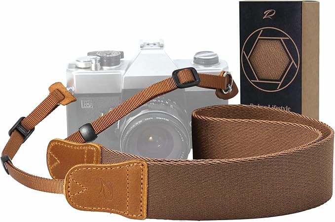 Padwa Lifestyle Brown Camera Strap - Double Layer Crazy Horse Cowhide End,1.5" Wide Pure Cotton Woven Camera Straps,Adjustable Neck Shoulder Strap for All DSLR Cameras,Gift for Photographers