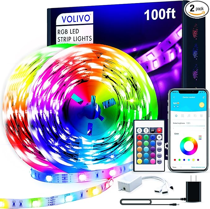 VOLIVO 100ft Led Strip Lights for Bedroom, Color Changing Led Light Strips Kit with Bluetooth App Control and IR Remote, RGB Music Sync Lighting for Room, Home Decor