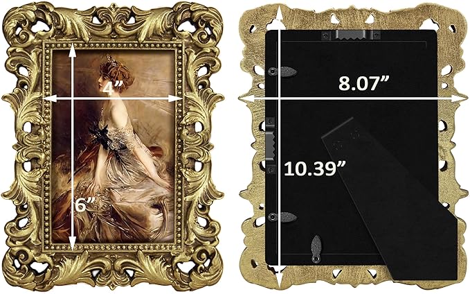4x6 Gold Picture Frame Antique Ornate Vintage with Glass Front, Baroque Victorian Frame for Tabletop or Wall Display