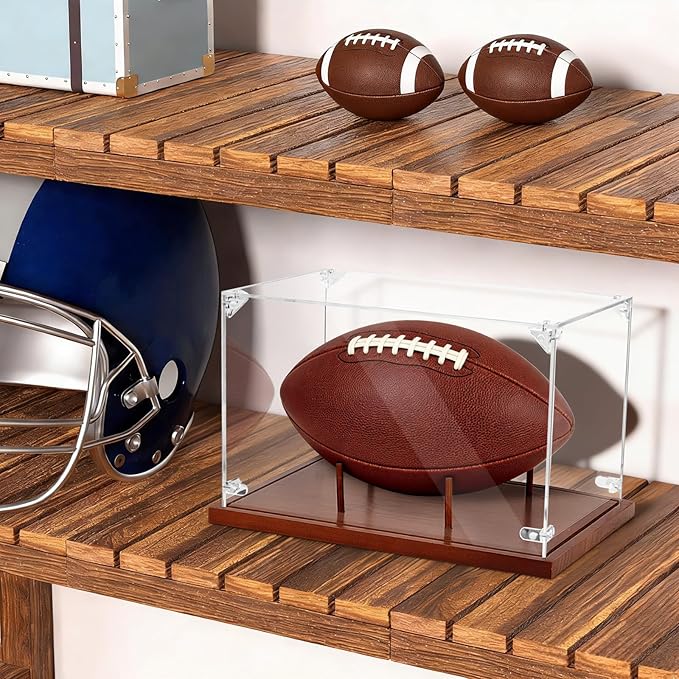 Hooqict Football Display Case Acrylic Clear Full Size with Solid Wood Base UV Protected Football Holder Stand Display Case for Sports Collections Autographed Ball Memorabilia Gifts