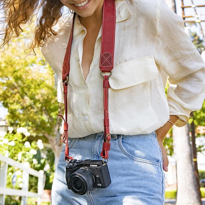 MegaGear SLR, DSLR Sierra Series Genuine Leather Camera Shoulder or Neck Strap,Red