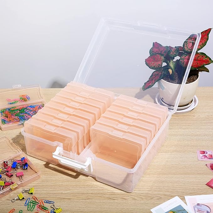 Naivees 4" x 6" Photo Storage Case with Handle, 16 Inner Photo Organizer Keeper, Extra Large Storage Picture Boxes, Seed Storage, Transparent Craft Keeper (Pink)