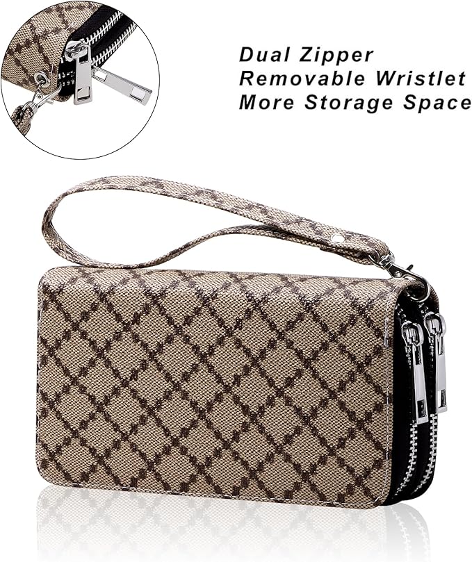 Cellphone Wallet for Women Dual Zipper Long Purse with Removable Wristlet