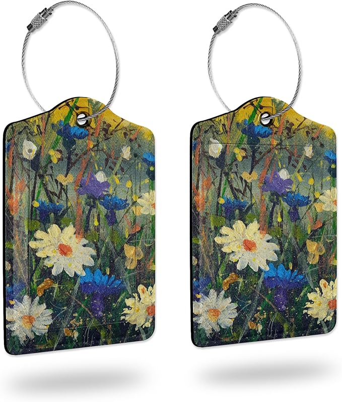 2 Pack Luggage Tags for Suitcases,White Daisies Flower Blue Cornflowers Leather Cruise Suitcases Tag with Stainless Steel Loop Privacy Cover Travel Bag Tags Luggage Identifiers for Women Girl Suitcase