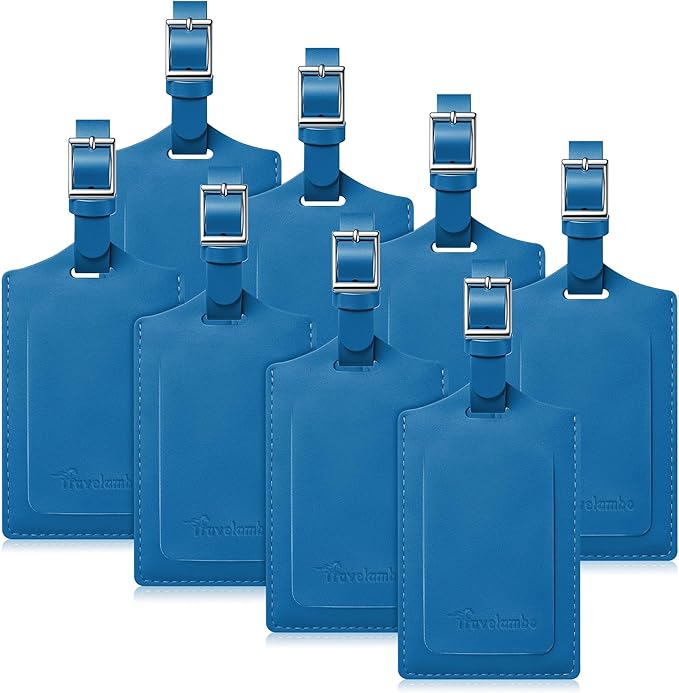 Travelambo 8 Pack Luggage Tags Faux Leather for Suitcases Travel Bag Labels Travel Accessories Essential with Protection Cover ID (Blue)