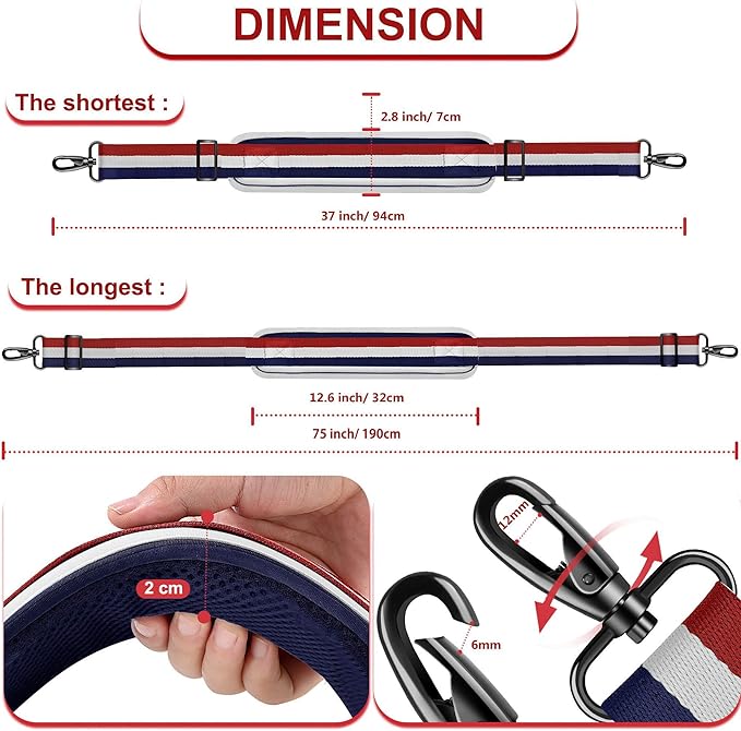 ZINZ 75" Shoulder Strap with Fixed Pad and Dual Balanced Buckles，Blue-White-Red Stripe