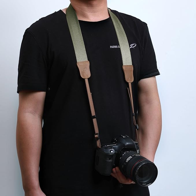 Padwa Lifestyle Light Green Camera Strap - 1.5" Wide Vintage Crazy Horse Cowhide Head Cotton Straps,Adjustable Woven Neck Shoulder Camera Straps for All DSLR Cameras and Photographers Christmas gift