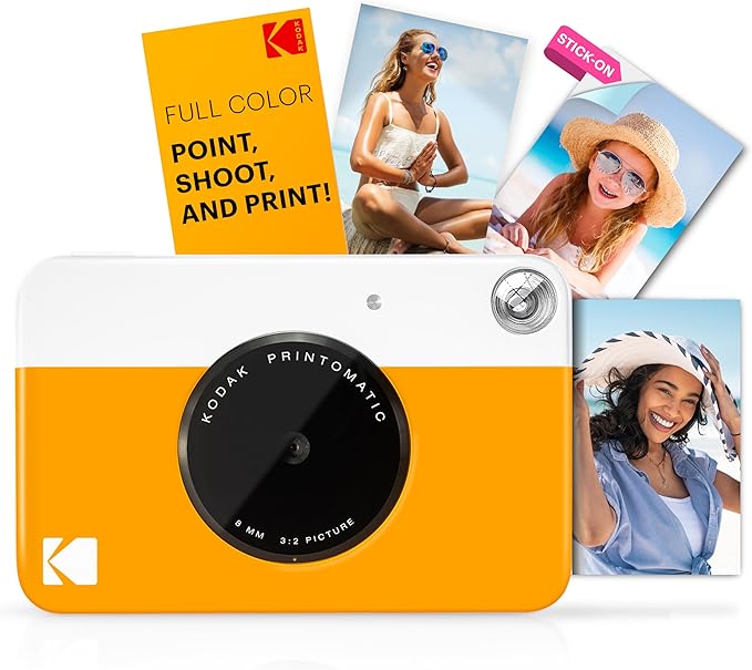 Kodak Printomatic Full-Color Instant Print Camera Starter Bundle + Soft Case + Zink 20pk Photo Paper - Colorful Photos On 2x3 Sticky-Back Paper - Fun Gift for Birthday Christmas Holiday - Yellow