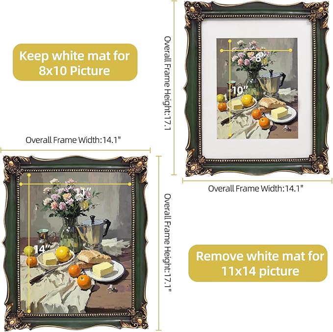 Vintage 11x14 Picture Frame with Embossed Flower, Green Ornate Frame for 11x14 or 8x10 Photos with White Mat, Hand-Crafted Resin Antique Frames for Tabletop & Wall Hanging, Home Decor (Green )