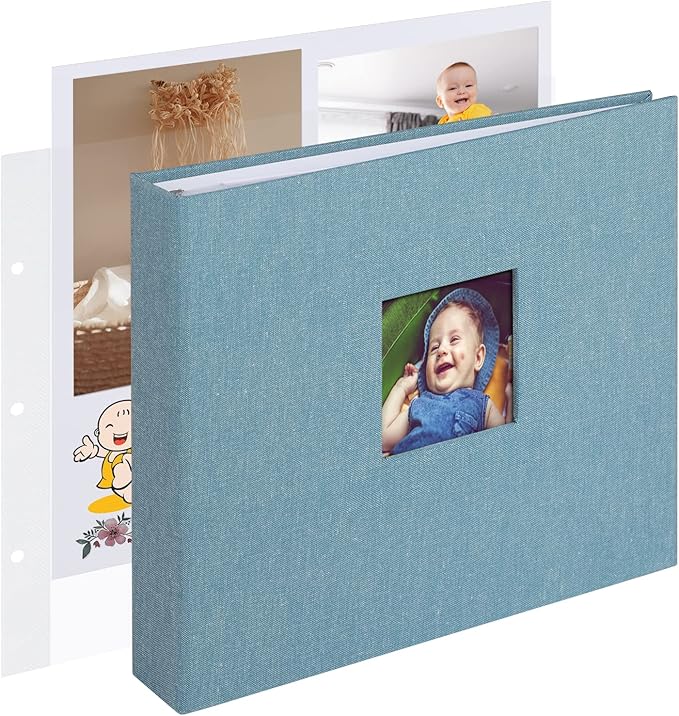 1DOT2 10x10 Inch Large 3 Ring DIY Scrapbook Photo Album with 30 Plastic Sleeves 60 Pages and Fabric Cover Scrapbook for Baby Travel Wedding kids