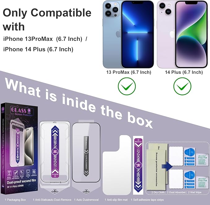 CHRYSHA 2 Pack Screen Protector for iPhone 13 Pro Max/iPhone 14 Plus, 9H Tempered Glass, Full Coverage, Anti-Fingerprint, Auto Dust-Elimination, No Bubble, Easy Installation