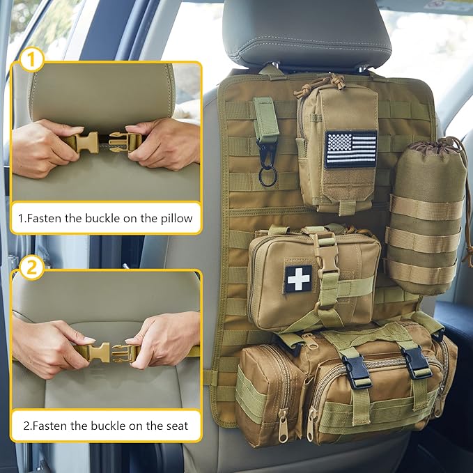 Universal Tactical Car Seat Back Organizer Bag Tactical Molle Vehicle Organizers Panel Vehicle Protector Organizers with 4 Detachable Pouches for Car Truck Ford Jeep Vehicle (Khaki)