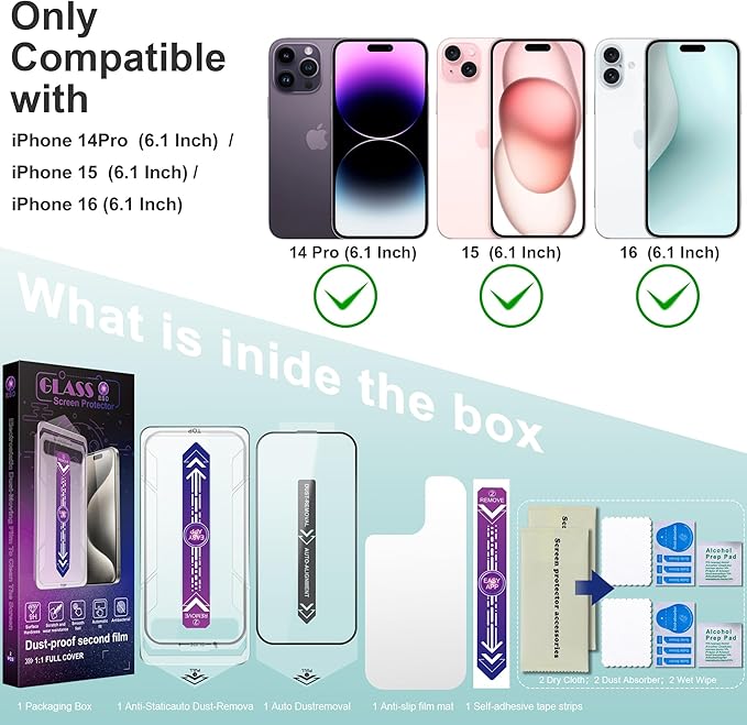 SHANG PIN JIA 2 Pack Screen Protector Tempered Glass for iPhone 16 for iPhone 15 for iPhone 14 Pro 6.1-Inch Auto Dust Removal, No Bubbles, High Definition Clear, Easy Installation