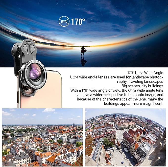 5 in 1 Phone Camera Lens Kit, 10X Macro Lens, 2X Telephoto Lens, 195° Fisheye, 110° Wide Angle, 170° Super Wide Angle, for Double Lens Single Lens Smart Phone