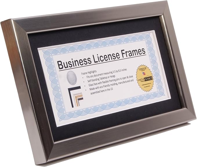 Creative Picture Frames 4-6X11Ss-B Stainless Steel Business License Certificate Frames For Professionals 3.5 By 8.5 Inch Self