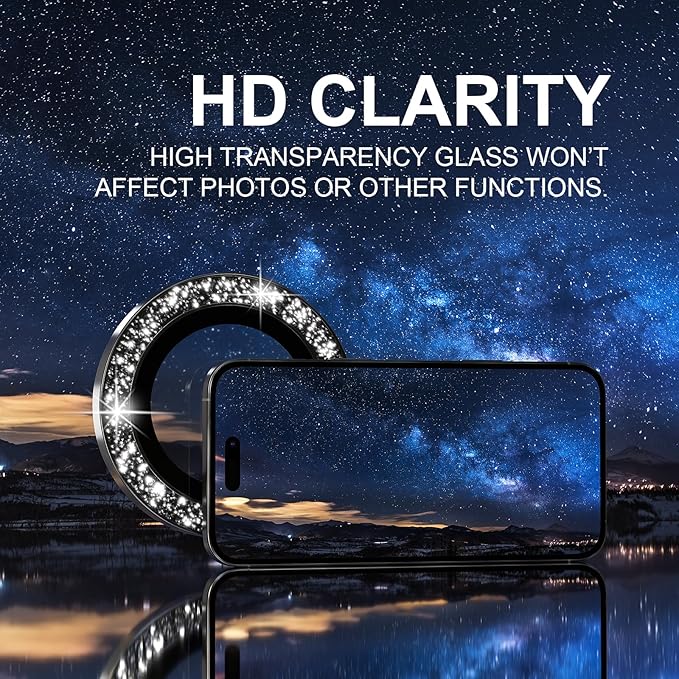 Choiche Compatible for iPhone 16 Pro/iPhone 16 Pro Max Camera Lens Protector Bling, 9H Tempered Glass Camera Cover Screen Protector Metal Ring Decoration Accessories (Glitter-Black)