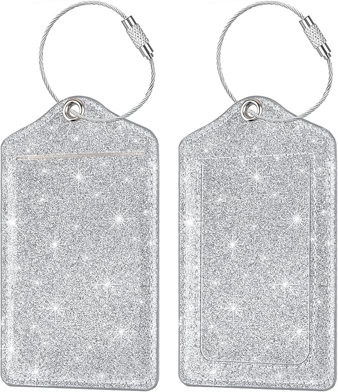 (Set of 2) Luggage Tag Leather Privacy Cover ID Label Address Card with Stainless Steel Loop, Travel Bag Tags Suitcase Labels, Glitter Silver
