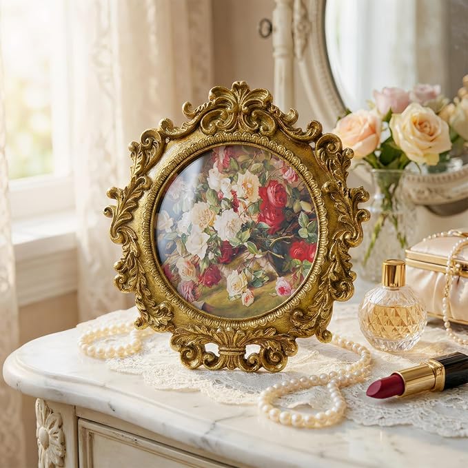 Cuspin Vintage Round Gold Picture Frame 4x4 Inch, Ornate Floral Resin Photo Frame with HD Glass, Antique Style Small Picture Frame for Tabletop or Wall Display, Retro Decorative Frame for Home Decor