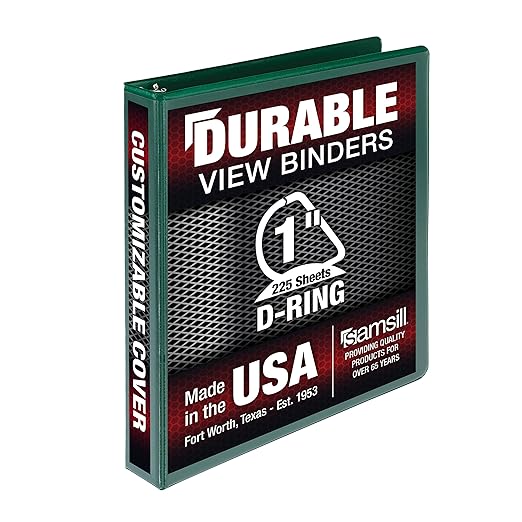 Samsill Durable 1 inch 3 Ring Binder, Made in USA, D Ring Binder, FSC 100% Recycled Chipboard, Green