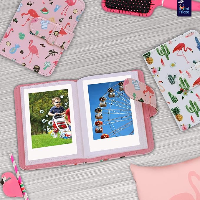 Fujifilm Instax Mini 12 Instant Camera + MiniMate Accessory Bundle & Compatible Custom Case + Fuji Instax Film Value Pack (50 Sheets) Flamingo Designer Photo Album (Clay White)