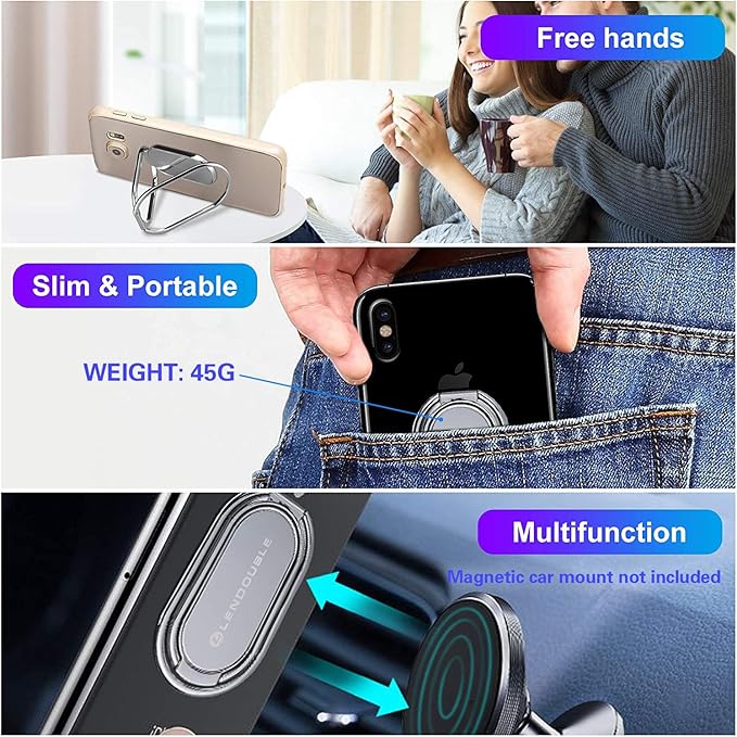 Foldable Cell Phone Stand for Desk, Adjustable Cellphone Ring Holder Finger Kickstand for Office Desktop & Magnetic Car Mount, Rotatable Multi-Angle Hand Grip for iPhone 16 15 Smartphones Back Case