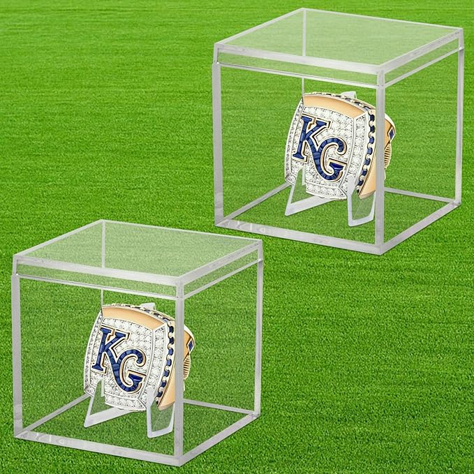 2 Pack Clear Acrylic Championship Ring Display Case, Memorabilia Stand Cube Holder Dust Protection Transparent Storage Box for Sports Baseball Basketball Fan Souvenir Protection Supplies