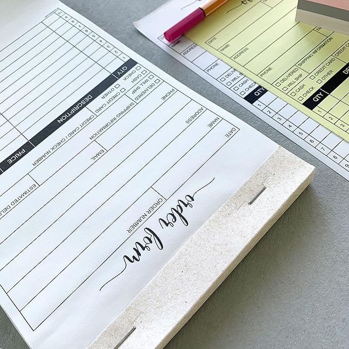 321Done Order Form Book with Cover, 5.5x8.5 Small 2-Part Carbonless, Made in USA, Carbon Duplicate Copy Invoice Purchase Sales Notepad for Small Business, Simple, Generic (50 Sets) White/Yellow
