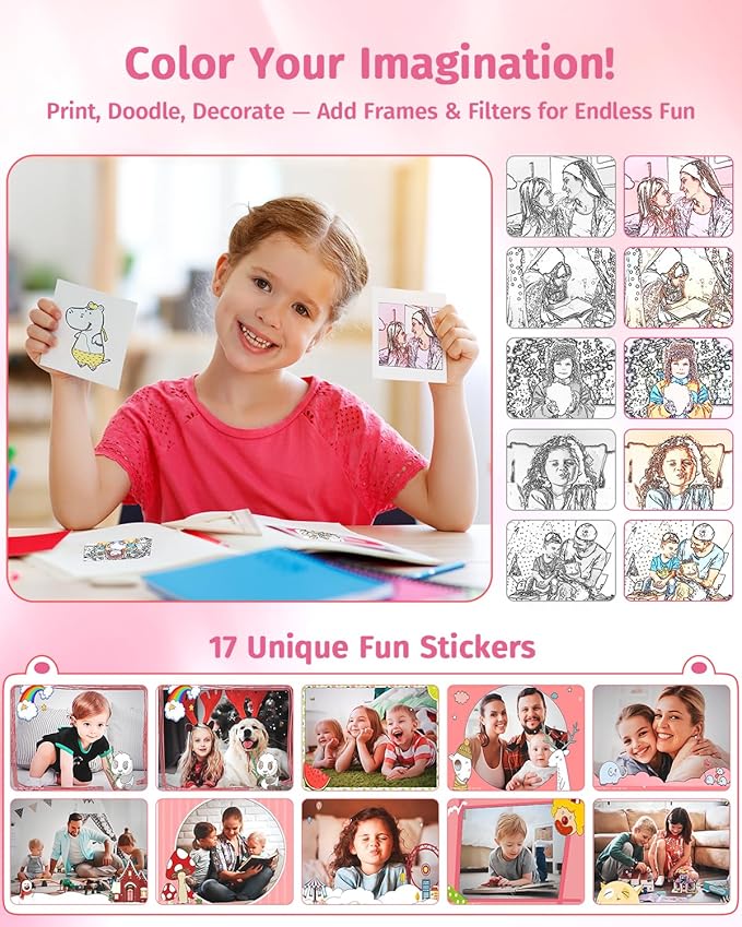 Instant Camera, Dual-Lens Kids Camera Instant Print for Boys Girls Christmas Birthday Gifts, 1080P Digital Cameras for Kids Teens with Print Paper, 32GB Card, Toddle Toy for Age 4-12 Years(Pink)