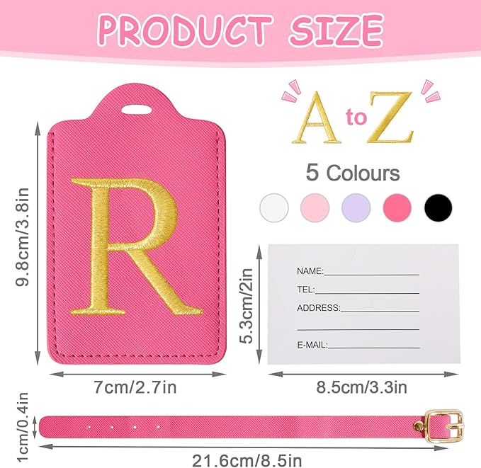 Personalized Initial Luggage Tags for Suitcases, Cute PU Leather Embroidered Letter Travel Luggage Tags, Suitcase Identifier Name Baggage Tag, Bag Tags for Men Women Kids Luggage Handbags(Rosered R)