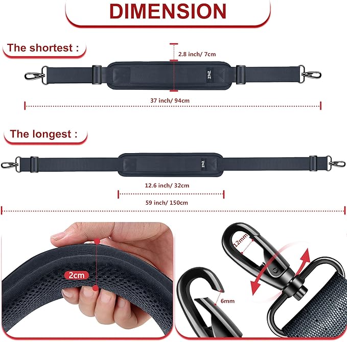ZINMARK Shoulder Strap 59 inch, Extra-Thick Fixed Cushion Pad and Dual Clasps Universal Replacement Strap for Bags, Camera, Crossbody，Lawn,Mower -Dark Gray