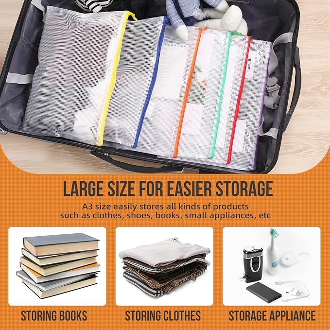 24pcs Mesh Zipper Pouch File Bags Puzzle Storage Bags, A3 17x12 Inches Large Reusable Zipper Pouches for Organizing Classroom Board Game Organization