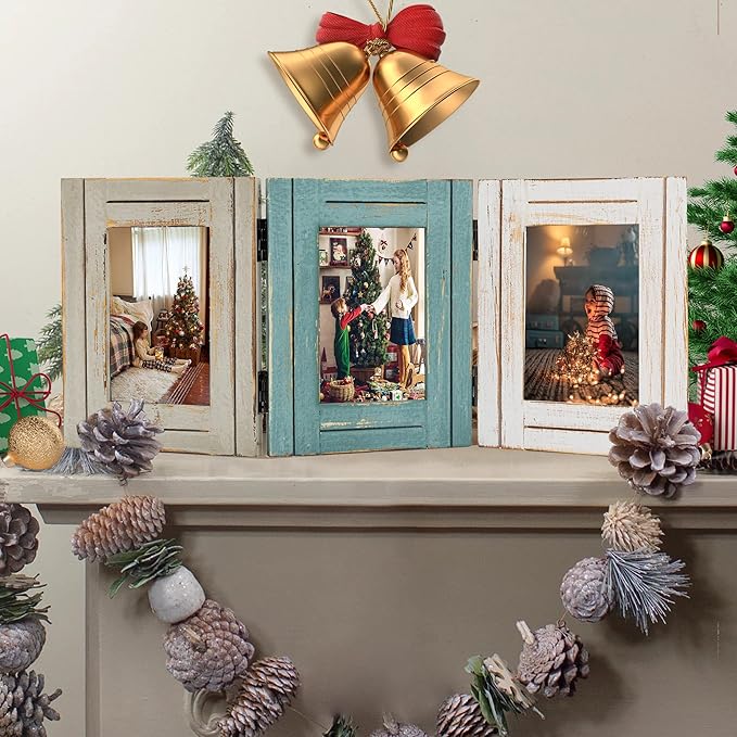 RiteSune Rustic Picture Frame 3 Folding 5X7 Triple Hinged Photo Frame Collage for Home Office Desk, Present for Christmas, New Year