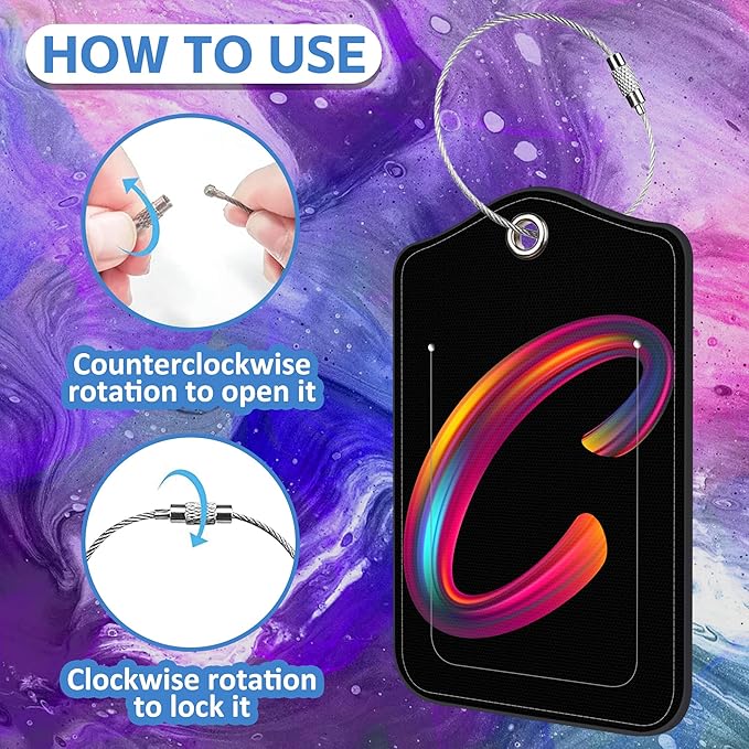 Luggage Tags for Suitcase,2 Pack Neon Colorful Letters Luggage Tags,Leather Baggage Tags Identifiers with Privacy Name Address Labels and Metal Loop for Women Men Girls Travel,Letter C