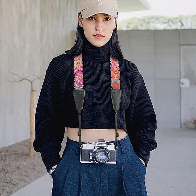 Padwa Lifestyle Colorful Knit Camera Strap - 2" Full Grain Leather Ends Camera Straps for Photographers, Vintage Embroidered Cotton Soft Suede Fabric Padded Strap Quick Release fits All Cameras