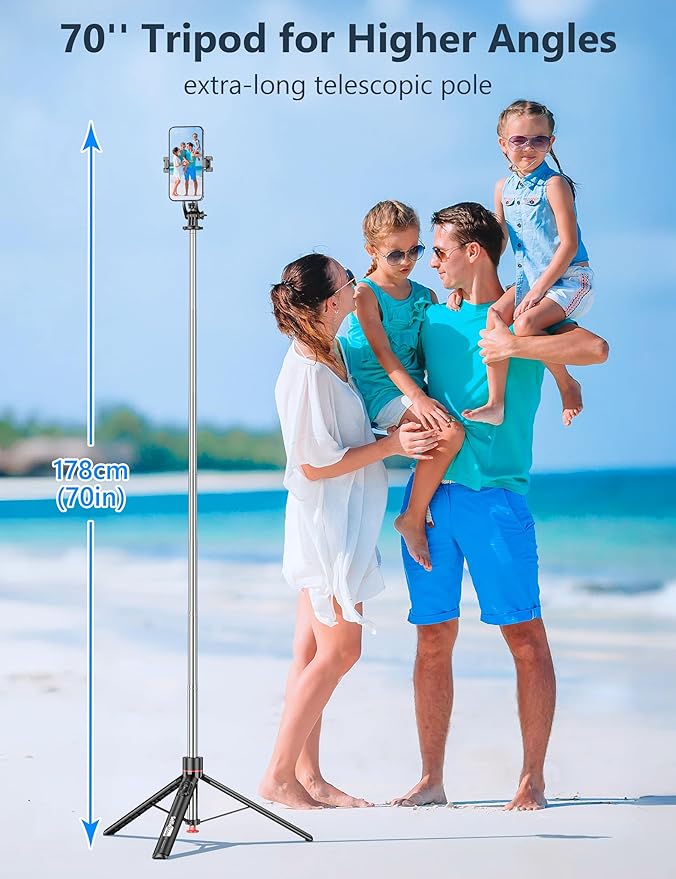 70'' Magnetic Automatic Selfie Stick Travel Tripod for Cell Phone, Auto Opening Phone Tripod Stand with Magnetic Remote, 360° Rotatable Extendable Smartphone Stand Compatible with iPhone/Android