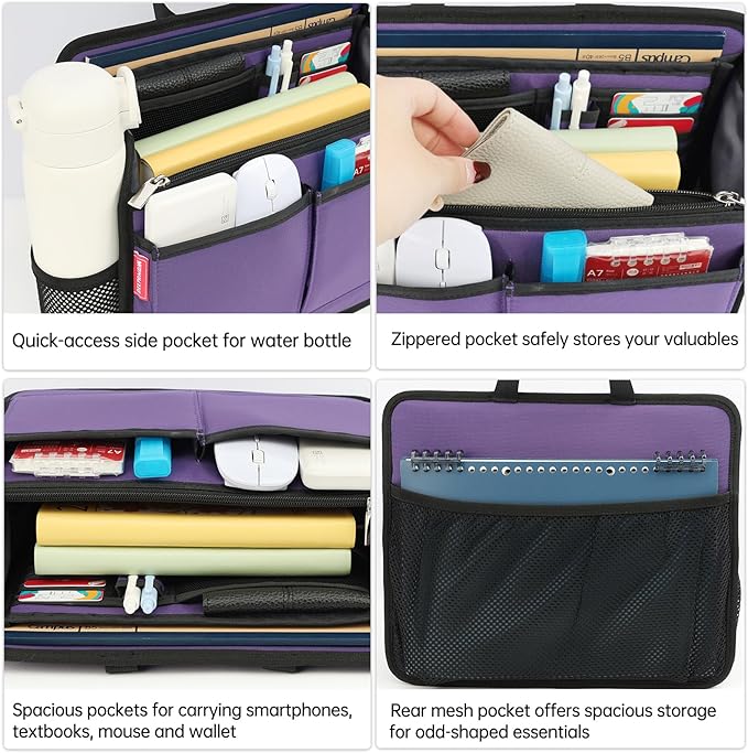 Small Rugged Organizer Insert for Briefcase Tote Shoulder Messenger Bag-19 Pockets,Durable Padded Nylon,Handle-Purple