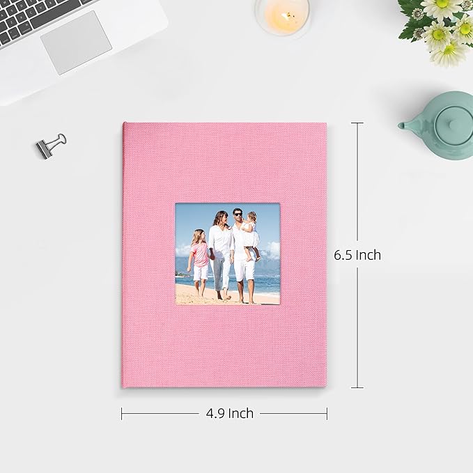 Mublalbum 2 Pack Small 4x6 Photo Album Linen Cover with Display Window Mini Picture Book Each Holds 52 Vertical Pockets for Artwork Postcards or Pictures Storage (Pink)