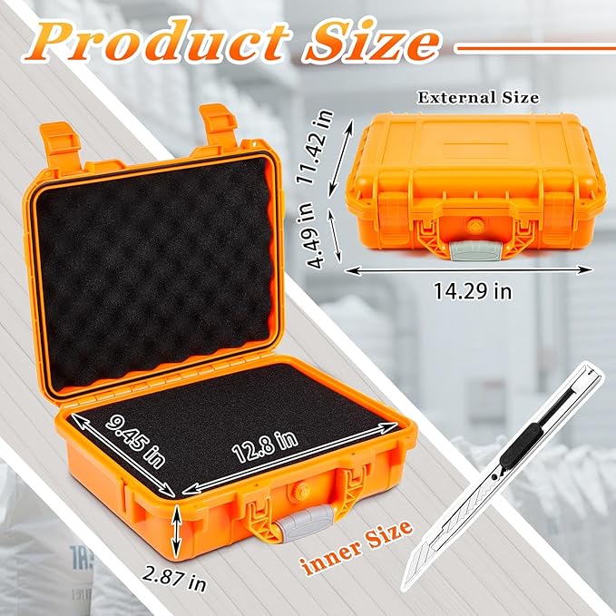 Relaxweex 1 Pcs 14.3 x 11.4 x 4.5 Inch Waterproof Hard Case with DIY Customizable Foam Insert Portable Protective Case with Knife for Camera Drones Equipments Tools Test Instruments (Orange)