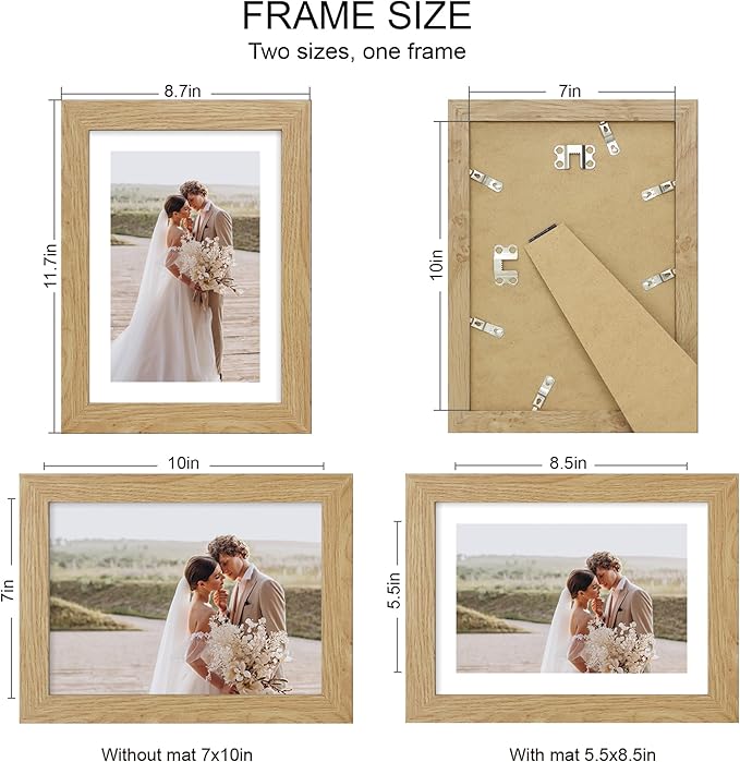 7x10 Picture Frame Set of 4, Made of Real Glass and Natural Oak Frame - Display 5.5 x 8.5 Diploma Frame with Mat or 7x10 Without Mat, 7 by 10 Photo for Wall or Tabletop